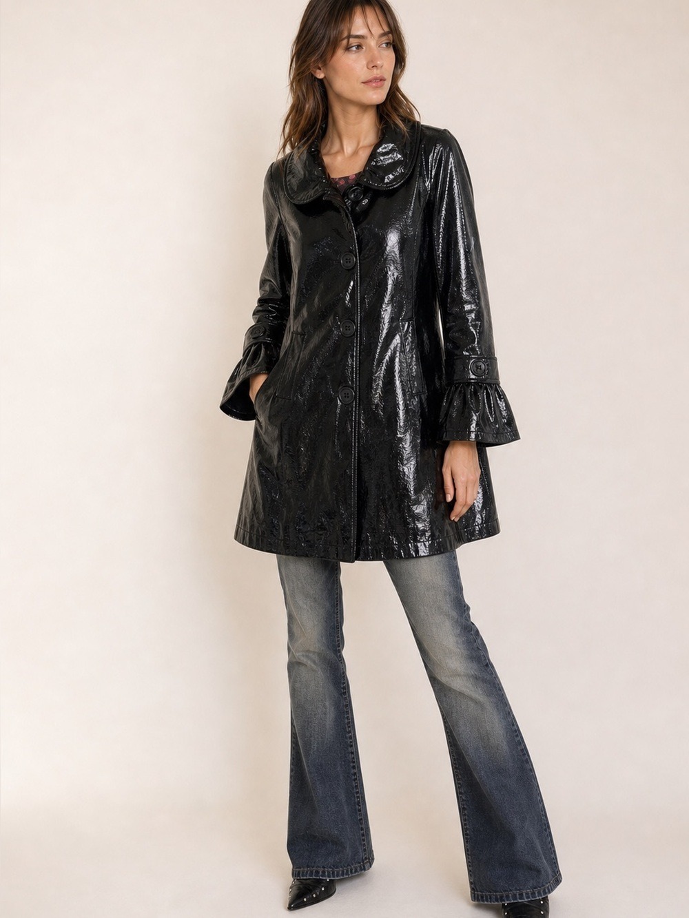 BB DAKOTA  black trench coat glossy 60’s 70’s faux patin leather jacket med